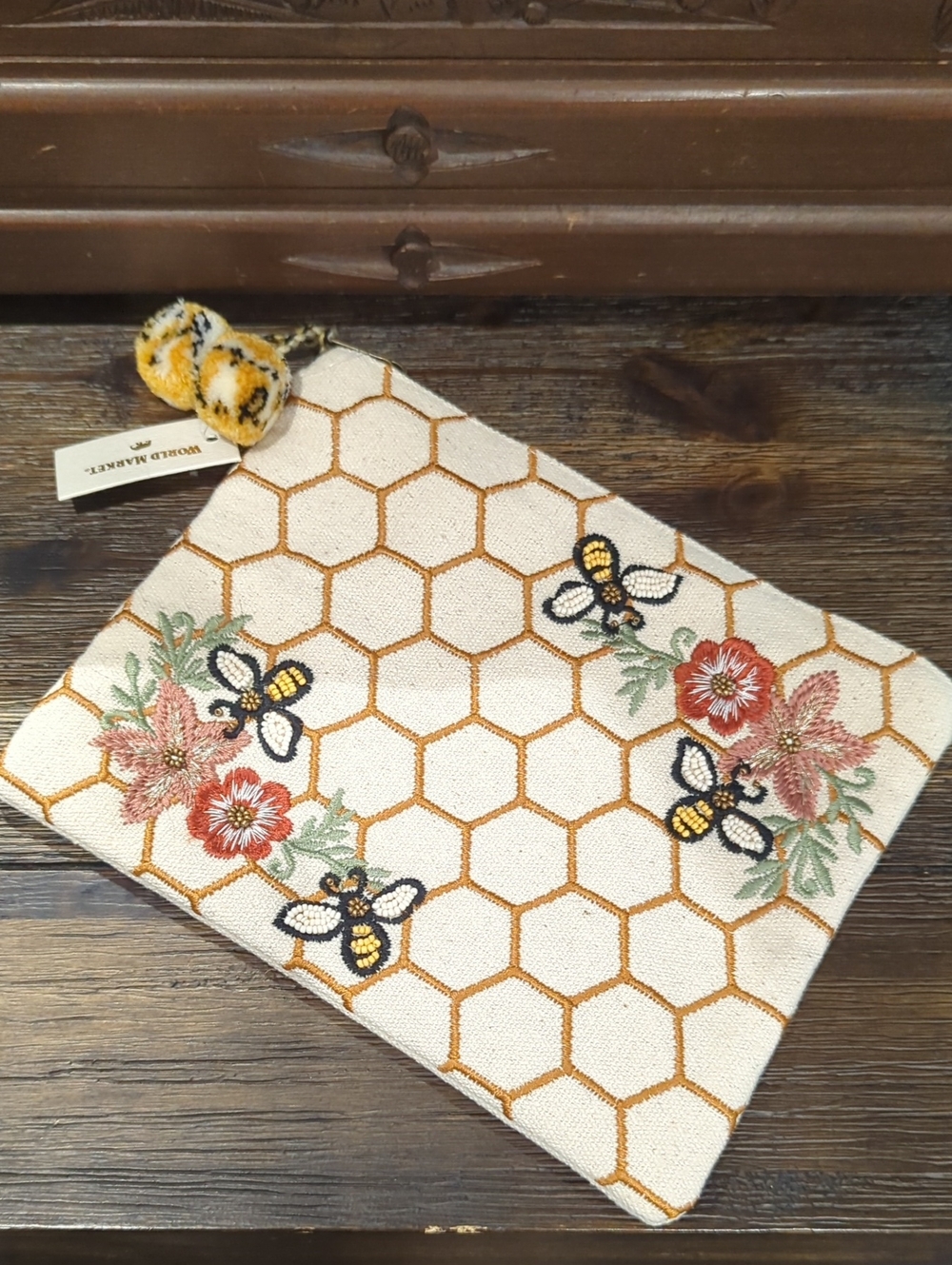 NWT World Market Canvas Beehive Embroidered Beaded Zip Pouch